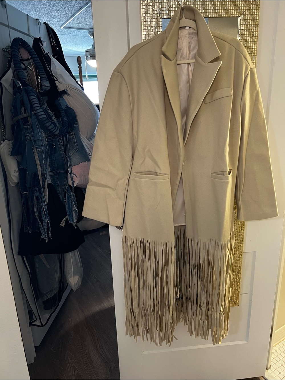 Fringed Longline Women's Coat in Beige Size Large